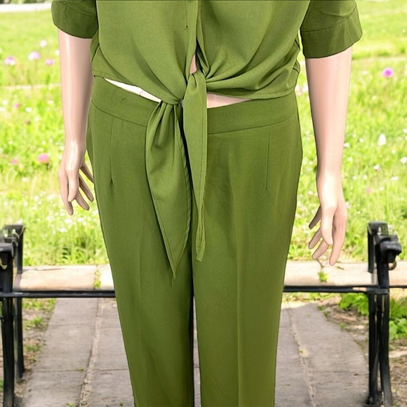 La Diosa Olive Green Tie Front Cropped Top 2-Piece Pant Set - Picture 13 of 16